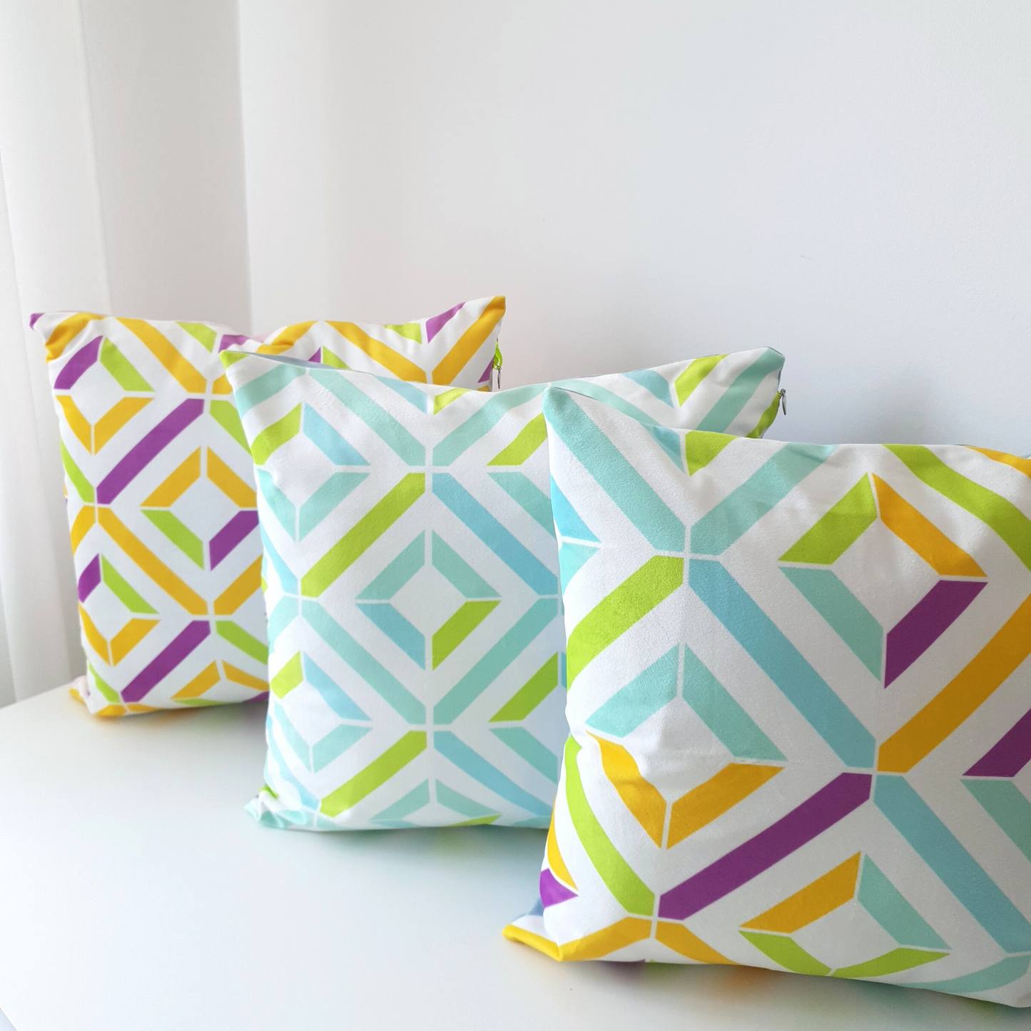 Geometric Velvet Cushion Cover | Turquoise, Mint & Lime